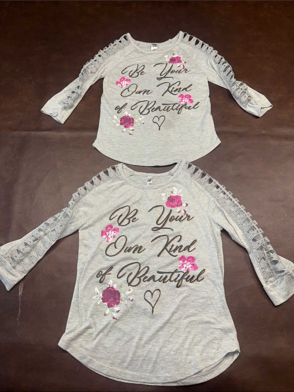 Beautees Gray Long Sleeve Top with Pink Floral Script